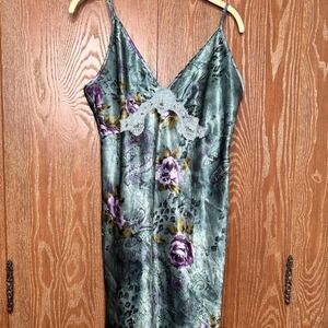 VTG Y2K Babydoll Teal Satin Floral Slip Dress Midi Purple Green Lace Trim Size L